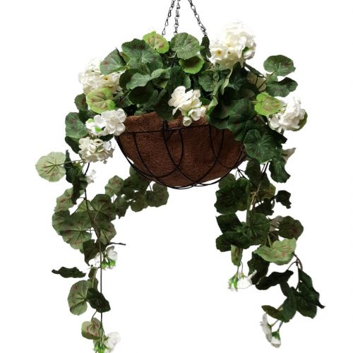 Artificial  Geranium Plant White in Rattan Hanging Basket