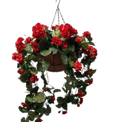 Artificial  Geranium Plant Red in Rattan Hanging Basket