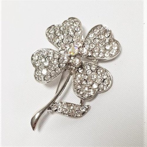 Rhinestone 4 leaf Clover Brooch Silver- Style 10
