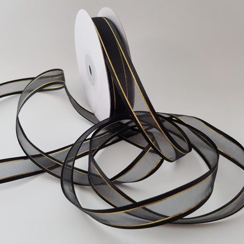 Organza Satin Edged Gold Thread 15mm Black