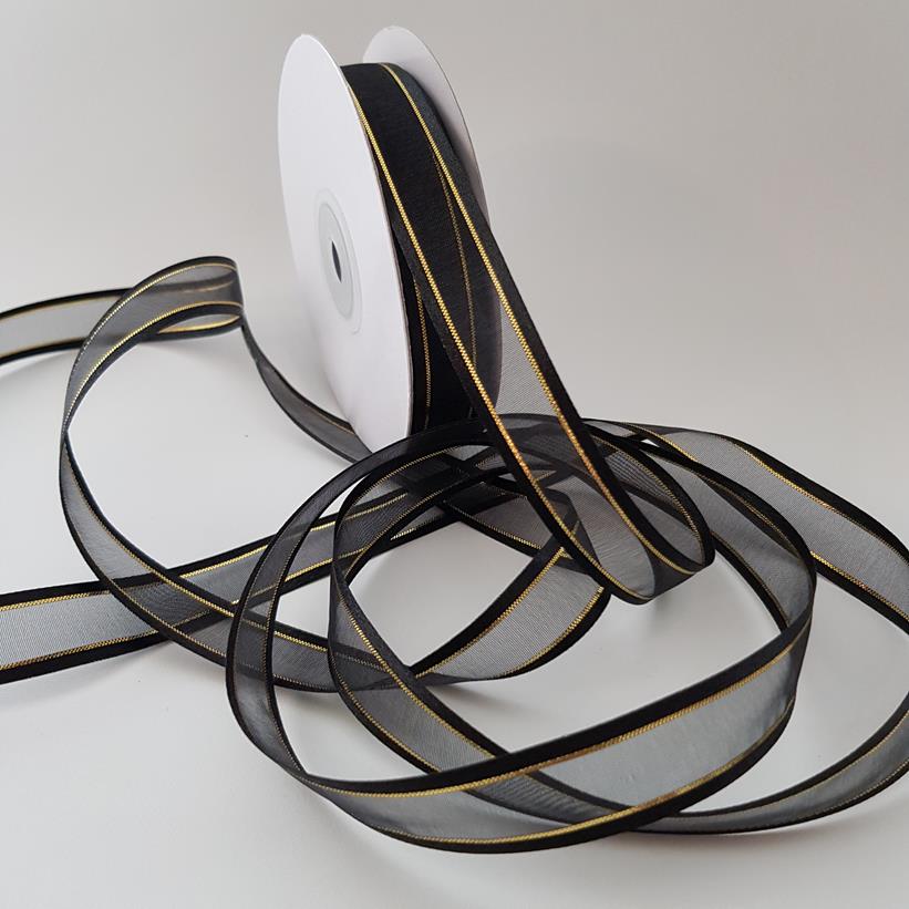Organza Satin Edged Gold Thread 15mm Black