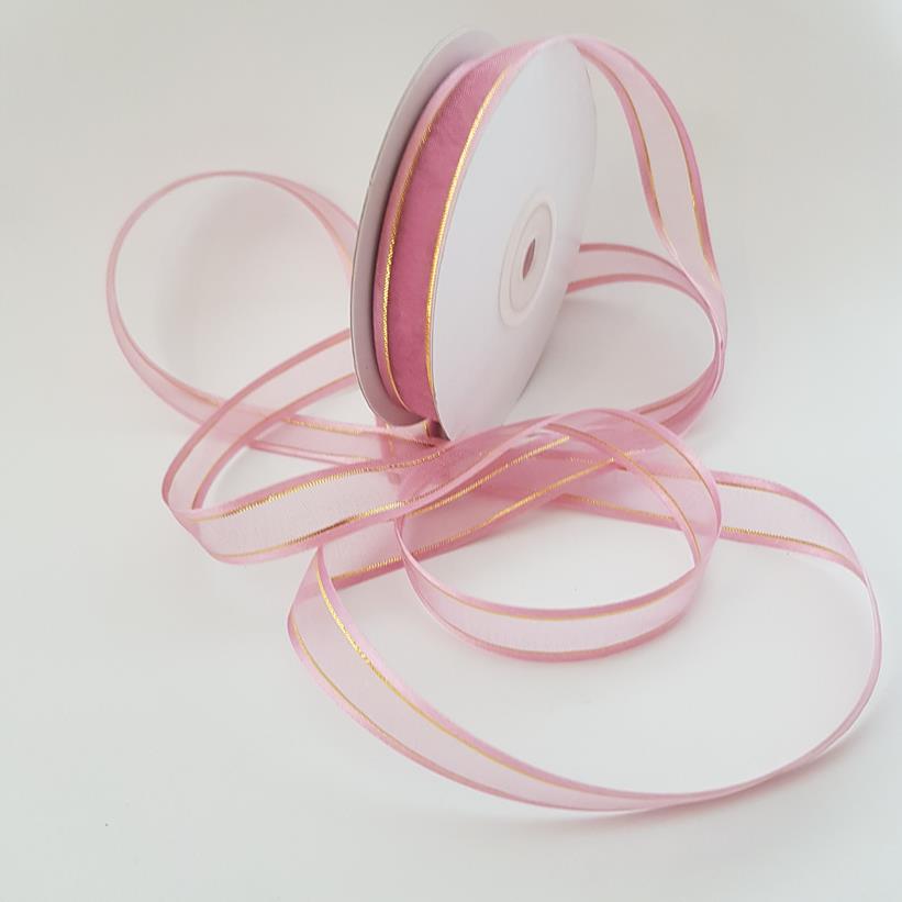 Organza Satin Edged Gold Thread 15mm Dusty Pink