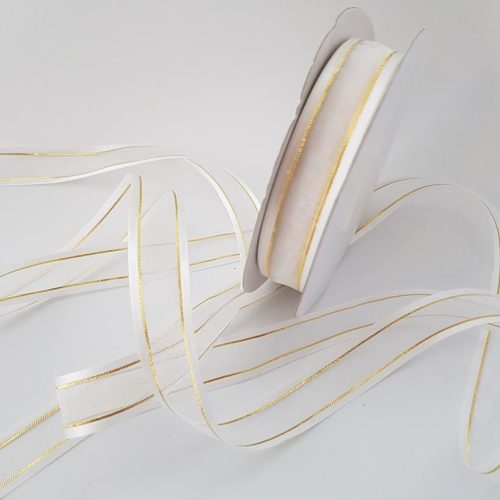 Organza Satin Edged Gold Thread 15mm White