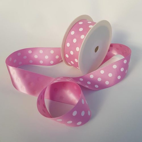 Satin Ribbon Pink With White Polka Dots 38mm