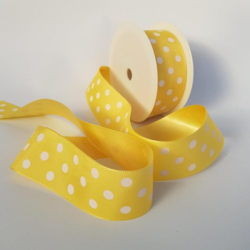 Satin Ribbon Yellow With White Polka Dots 38mm