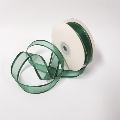 Organza Satin Edge Ribbon Gold Thread 22mm Hunter Green