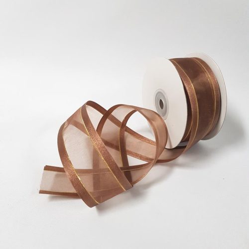 Organza Satin Edge Ribbon Gold Thread 38mm Brown