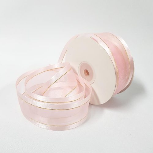 Organza Satin Edge Ribbon Gold Thread 38mm Pink