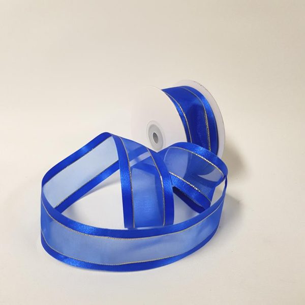 Organza Satin Edge Ribbon Gold Thread 38mm Royal Blue - Desflora