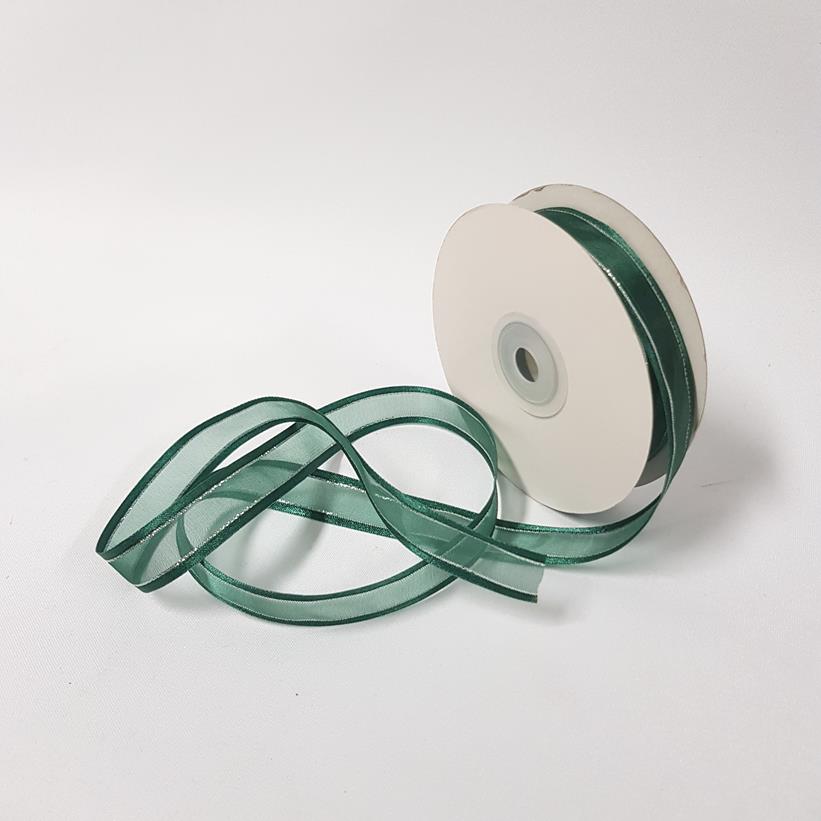 Organza Satin Edge Ribbon silver Thread 15mm Hunter Green