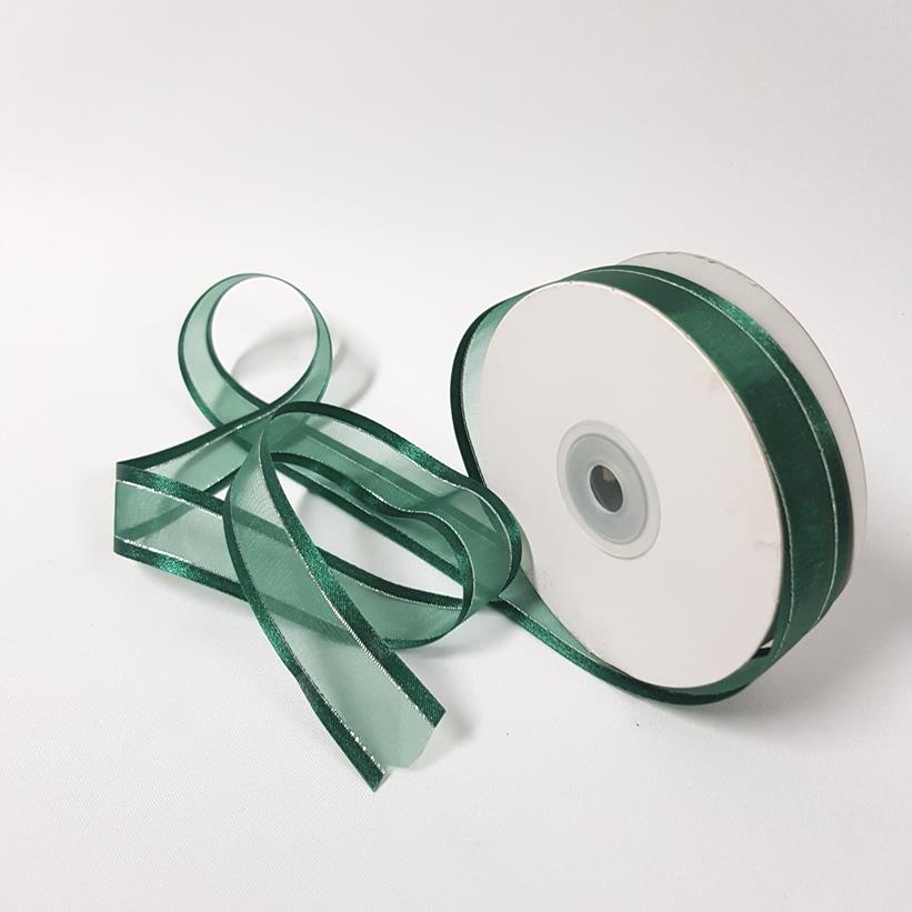 Organza Satin Edge Ribbon silver Thread 22mm Hunter Green