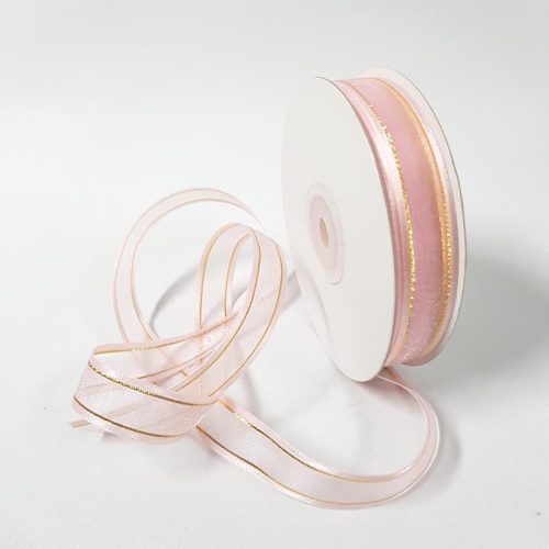 Organza Satin Edged Gold Thread 15mm Baby Pink