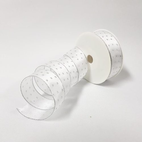 Stary Satin Ribbon Wired 25mm White Silver