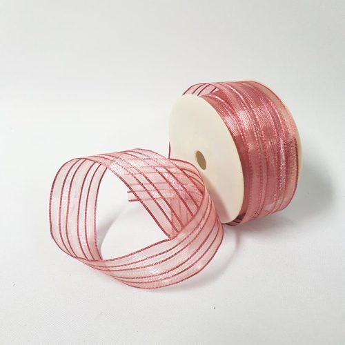 Stripes Sheer and Satin Wired Ribbon Pink