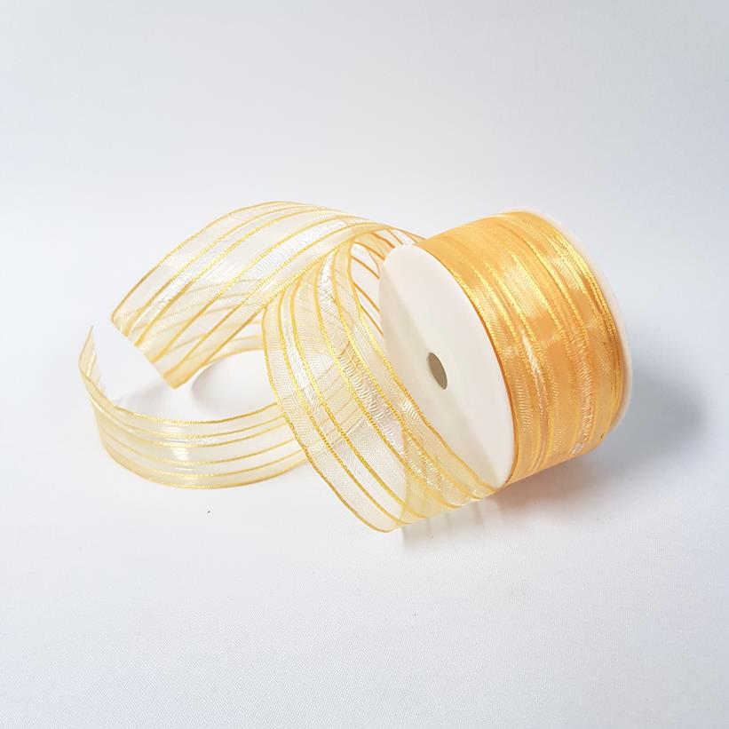 Stripes Sheer and Satin Wired Ribbon Yellow