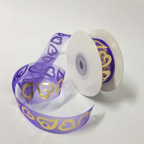 Gold Love Heart Organza Ribbon 25mm Purple
