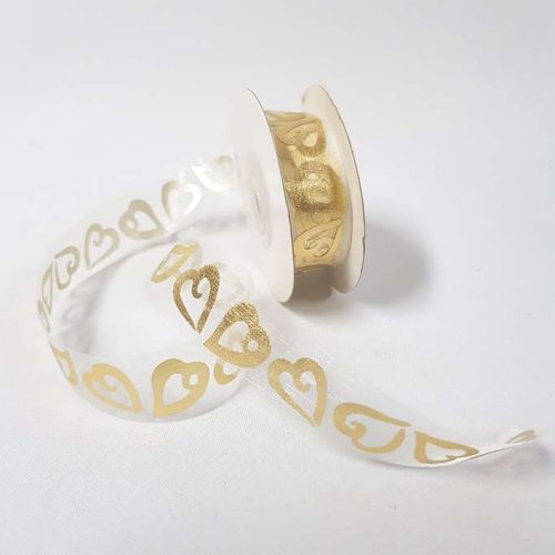 Gold Love Heart Organza Ribbon 25mm White