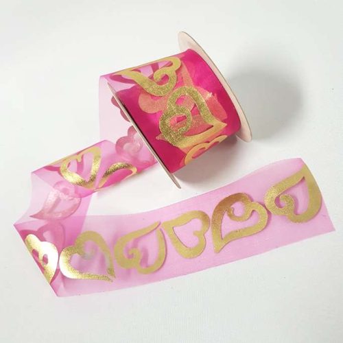 Gold Love Heart Organza Ribbon 50mm Hot Pink