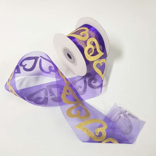Gold Love Heart Organza Ribbon 50mm Purple