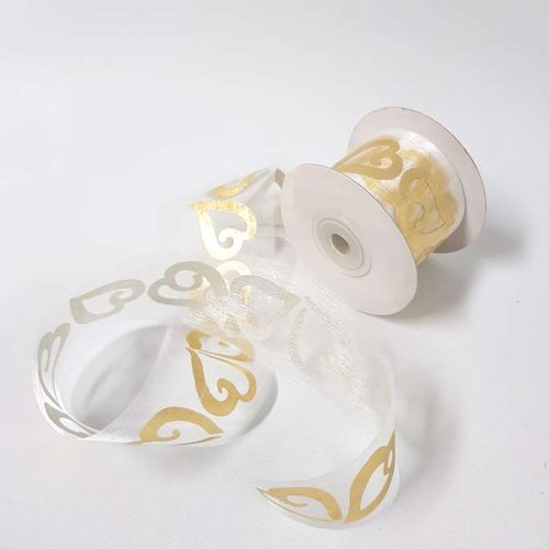 Gold Love Heart Organza Ribbon 50mm White