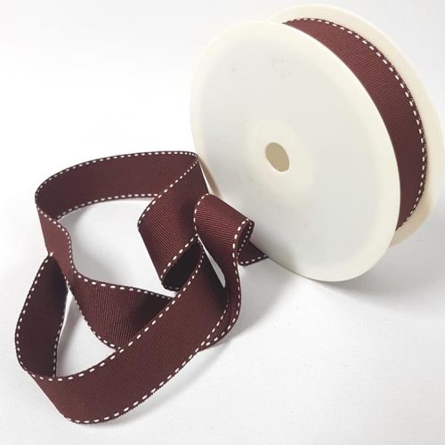 Grosgrain Saddle Stitch Ribbon 25mm Brown/White