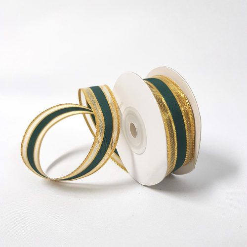 Metallic Pinstripe Ribbon 22mm Green/Gold