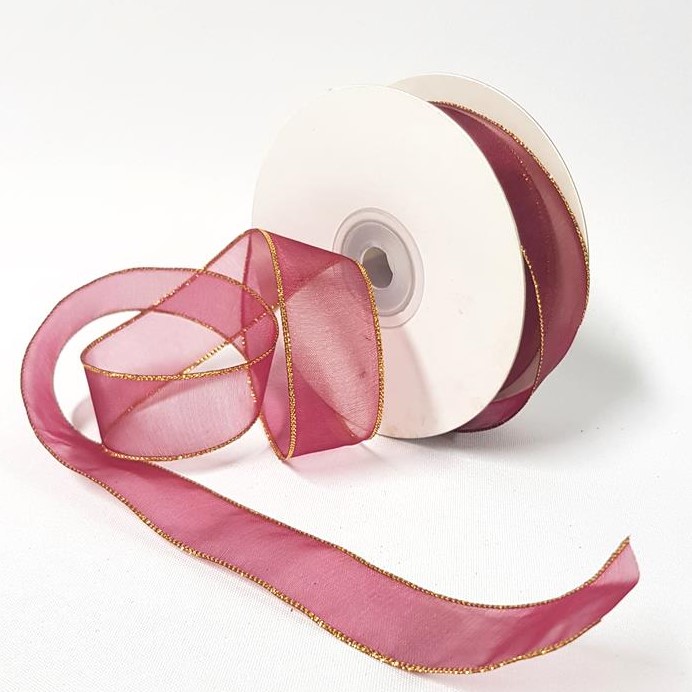 Organza Ribbon Gold Edge 22mm Burgundy