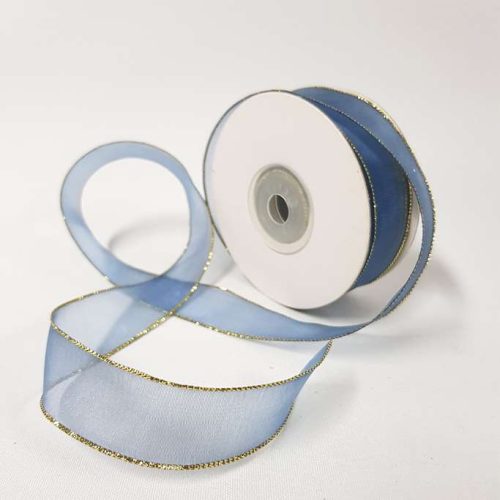 Organza Ribbon Gold Edge 22mm Smoke Blue
