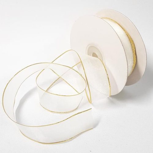 Organza Ribbon Gold Edge 22mm White