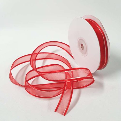 Organza Satin Edge Ribbon silver Thread 15mm Red