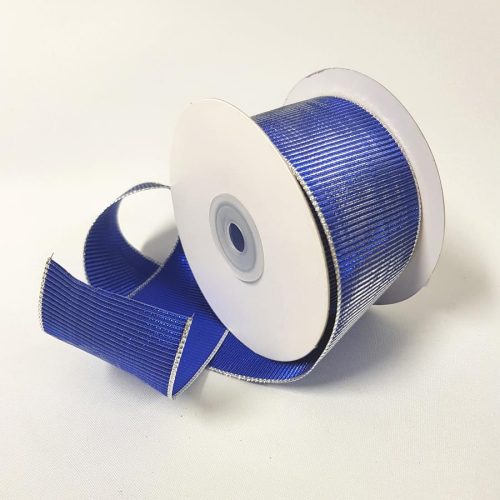 Ribbed Metallic Ribbon Wired 50mm Blue/Silver