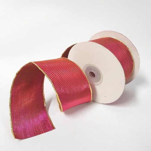 Ribbed Metallic Ribbon Wired 50mm Hot Pink/Gold