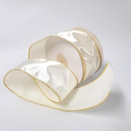 Satin Wired Festive Ribbon 50mm Cream/Gold