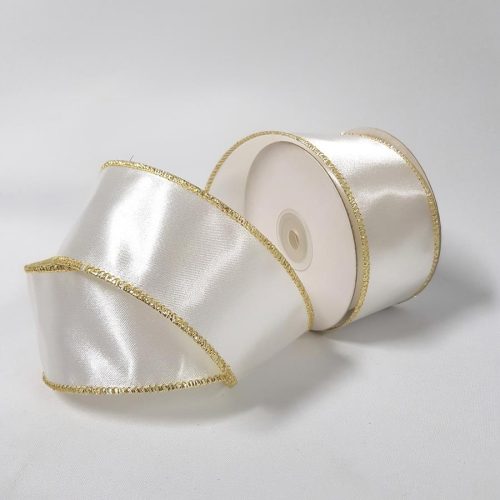 Satin Wired Festive Ribbon 50mm White/Gold