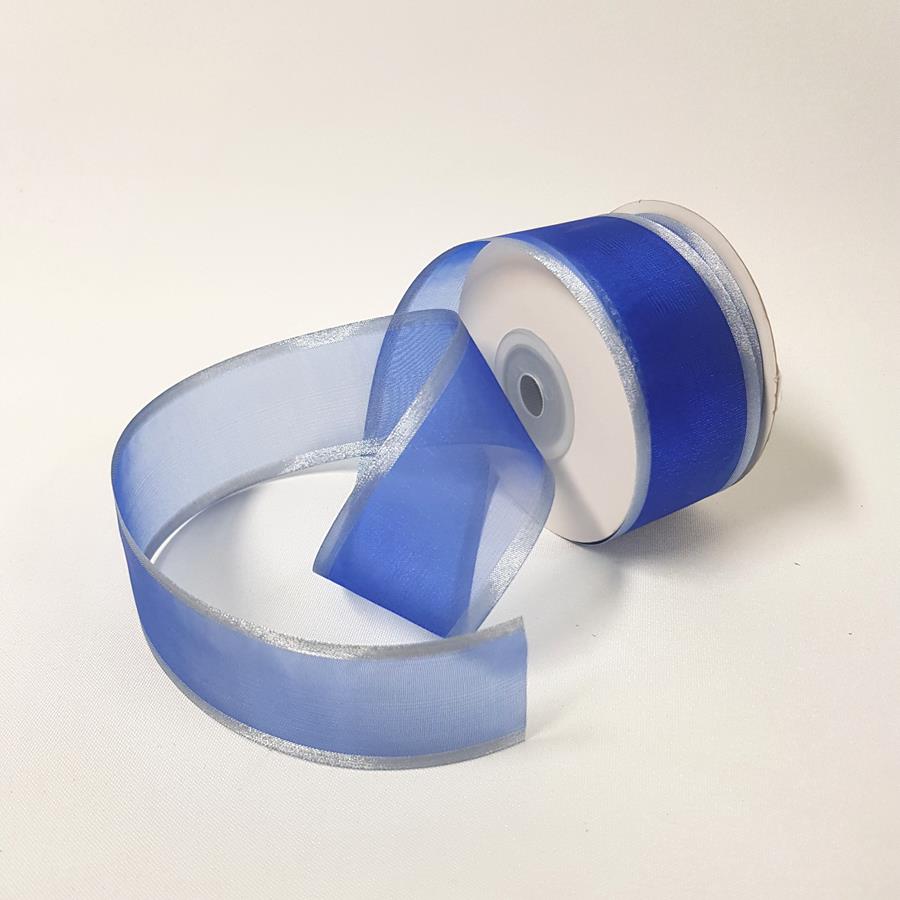 Sheer Organza Ribbon 38mm Silver/Royal Blue