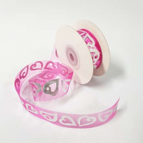Silver Love Heart Organza Ribbon 25mm Hot Pink