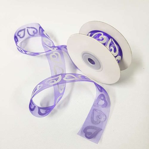 Silver Love Heart Organza Ribbon 25mm Purple