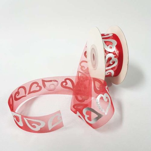 Silver Love Heart Organza Ribbon 25mm Red