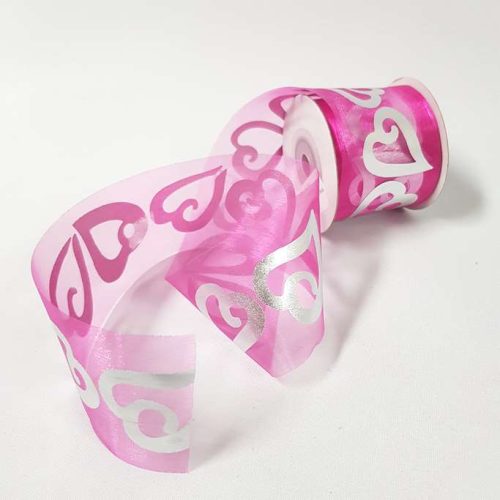 Silver Love Heart Organza Ribbon 50mm Hot Pink