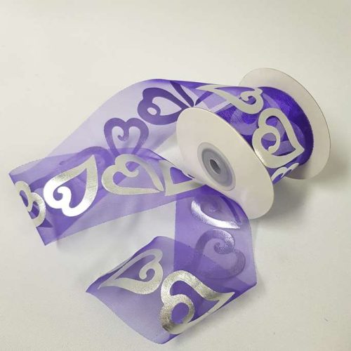 Silver Love Heart Organza Ribbon 50mm Purple
