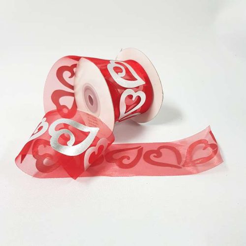 Silver Love Heart Organza Ribbon 50mm Red
