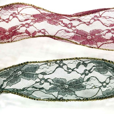 Mesh Lace Ribbon Wired Green Gold Edge 70mm