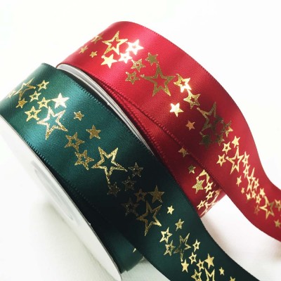 Satin Christmas Ribbon Gold Stars Green 25mm