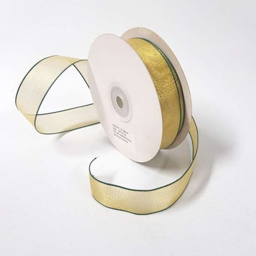 Metallic Gold Mesh Ribbon Wired Green 22mm