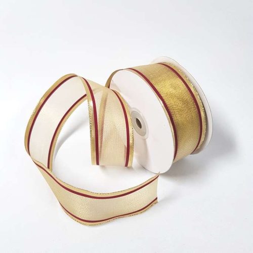 Metallic Gold Pinstripe Ribbon 38mm Burgundy