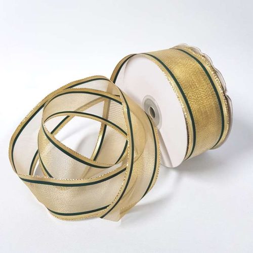 Metallic Gold Pinstripe Ribbon 38mm Green