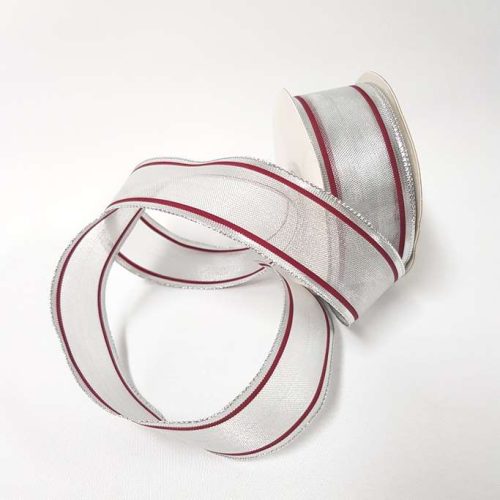 Metallic Silver Pinstripe Ribbon 38mm Burgundy