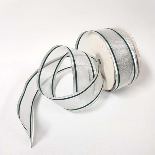 Metallic Silver Pinstripe Ribbon 38mm Green
