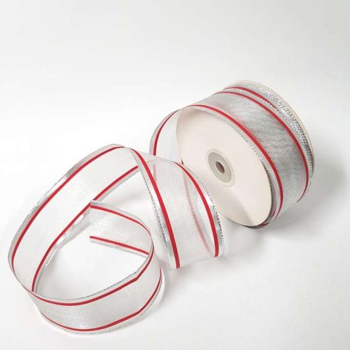 Metallic Silver Pinstripe Ribbon 38mm Red