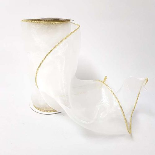 Organza Ribbon Wire Edge White/Gold 152mm